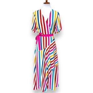Color Me Courtney Womens Taira Wrap Dress Multicolor Stripe Short Sleeve Tie M